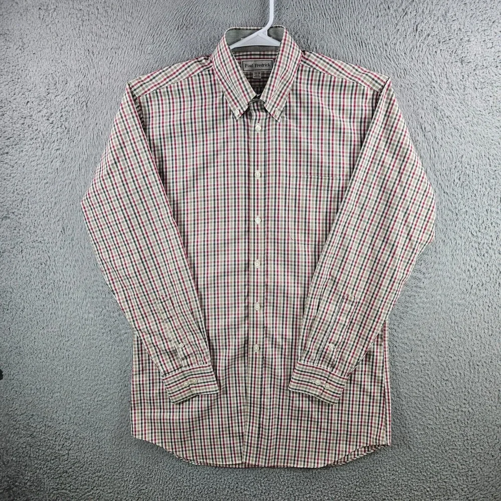 Paul Fredrick Mens 16-34 Slim Fit Non-Iron Cotton Check Dress Shirt Red Tan RB